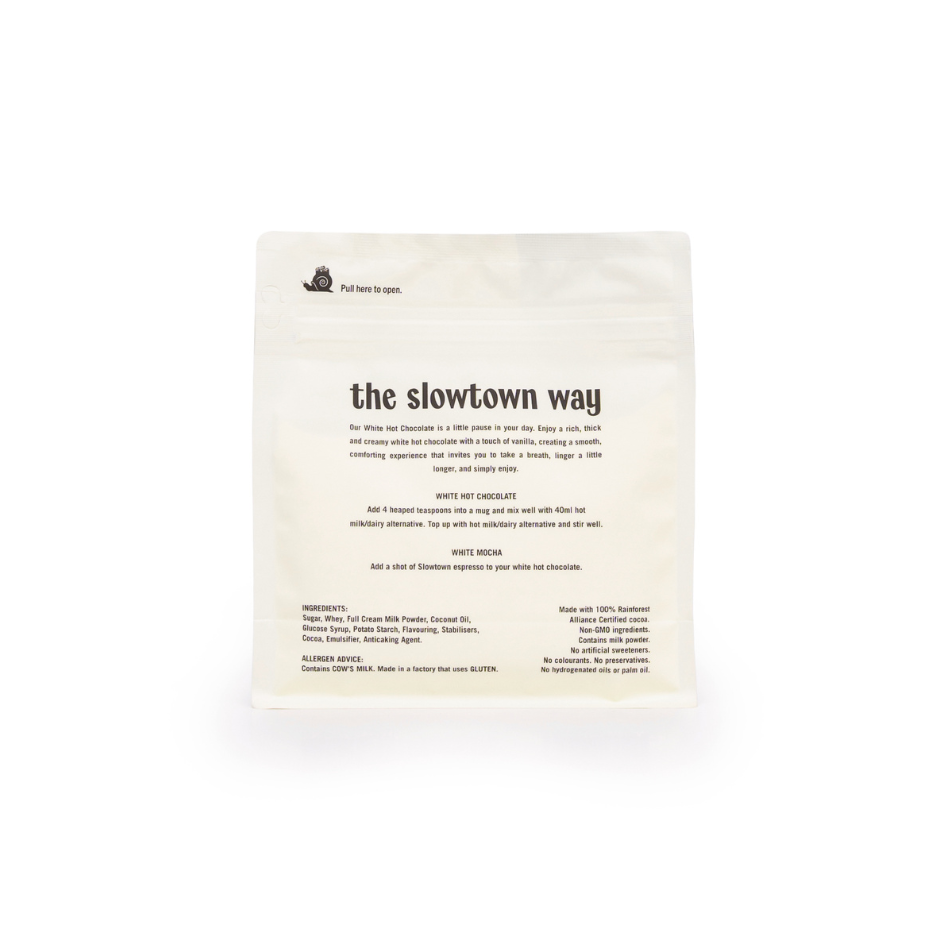 white hot chocolate bag with side