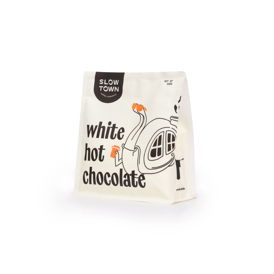 white hot chocolate bag with side